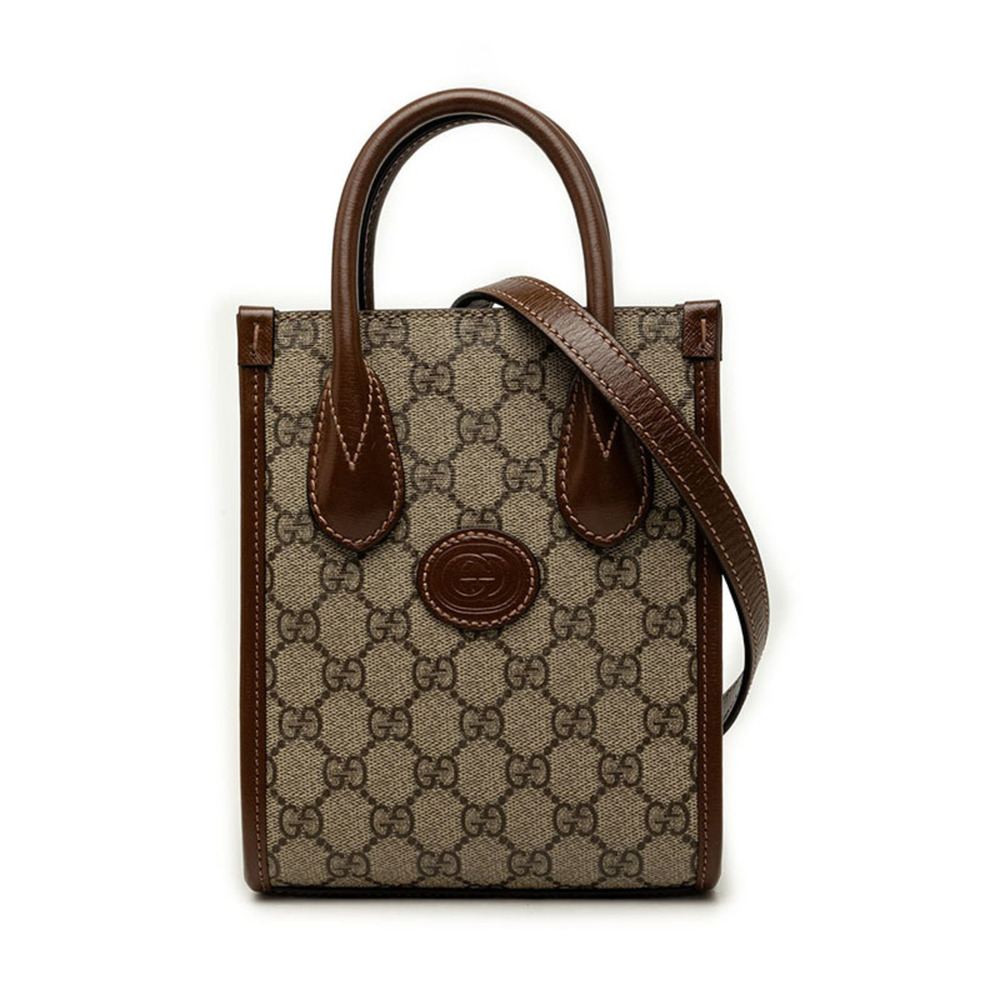 Gucci GG Supreme Interlocking G Handbag Shoulder Bag 2WAY 671623 Beige Brown ...